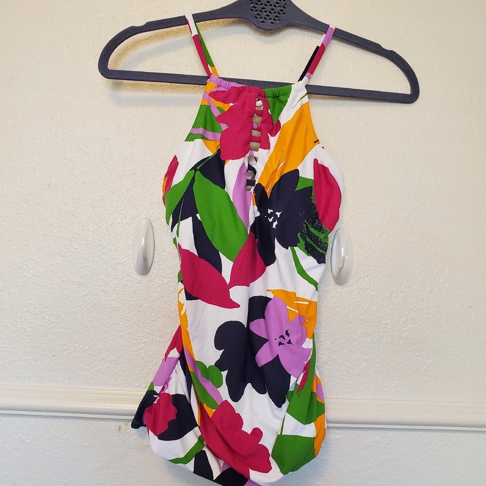 Anne Cole Floral Halter Tankini Top Multi Color Ladder Cutout Small 22MT29580